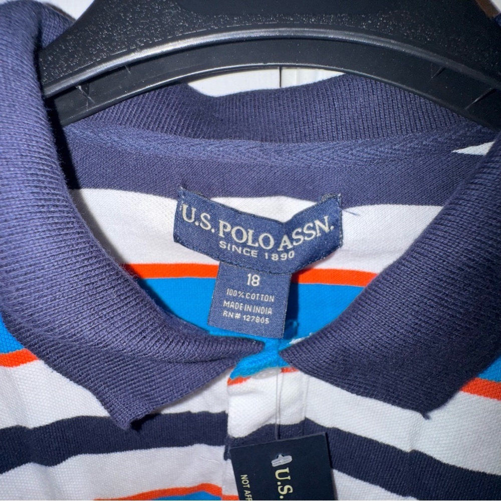 U.S. Polo Assn. Boy's XL 18/20 NWT Striped Polo Shirt Orange Blue White Logo - Picture 3 of 9